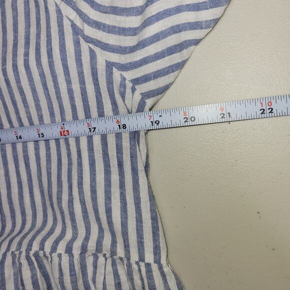 Beach Lunch Lounge Linen Dress Large Tiered Blue White Striped Puff Cottagecore - Picture 8 of 10